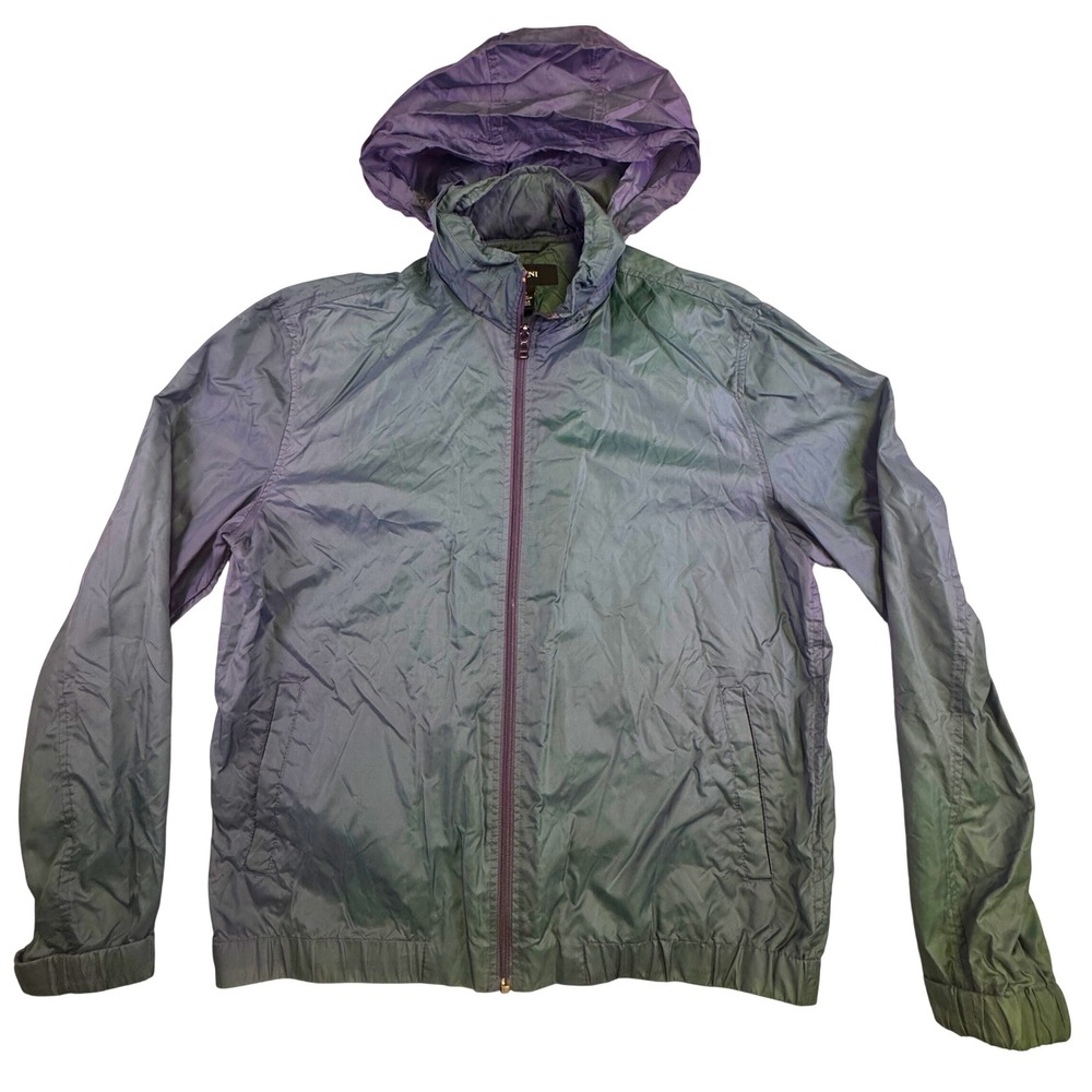Alfani Jacket Men's Medium Windbreaker Iridescent‎ Green Purple Stowaway Hood